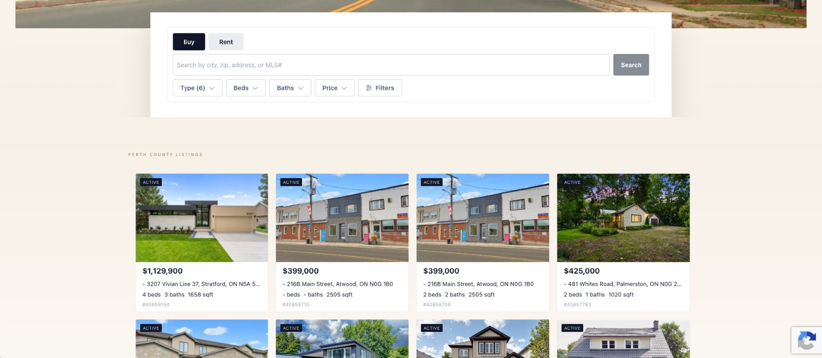 A home search feed on an agent’s own website, with filters and listing cards