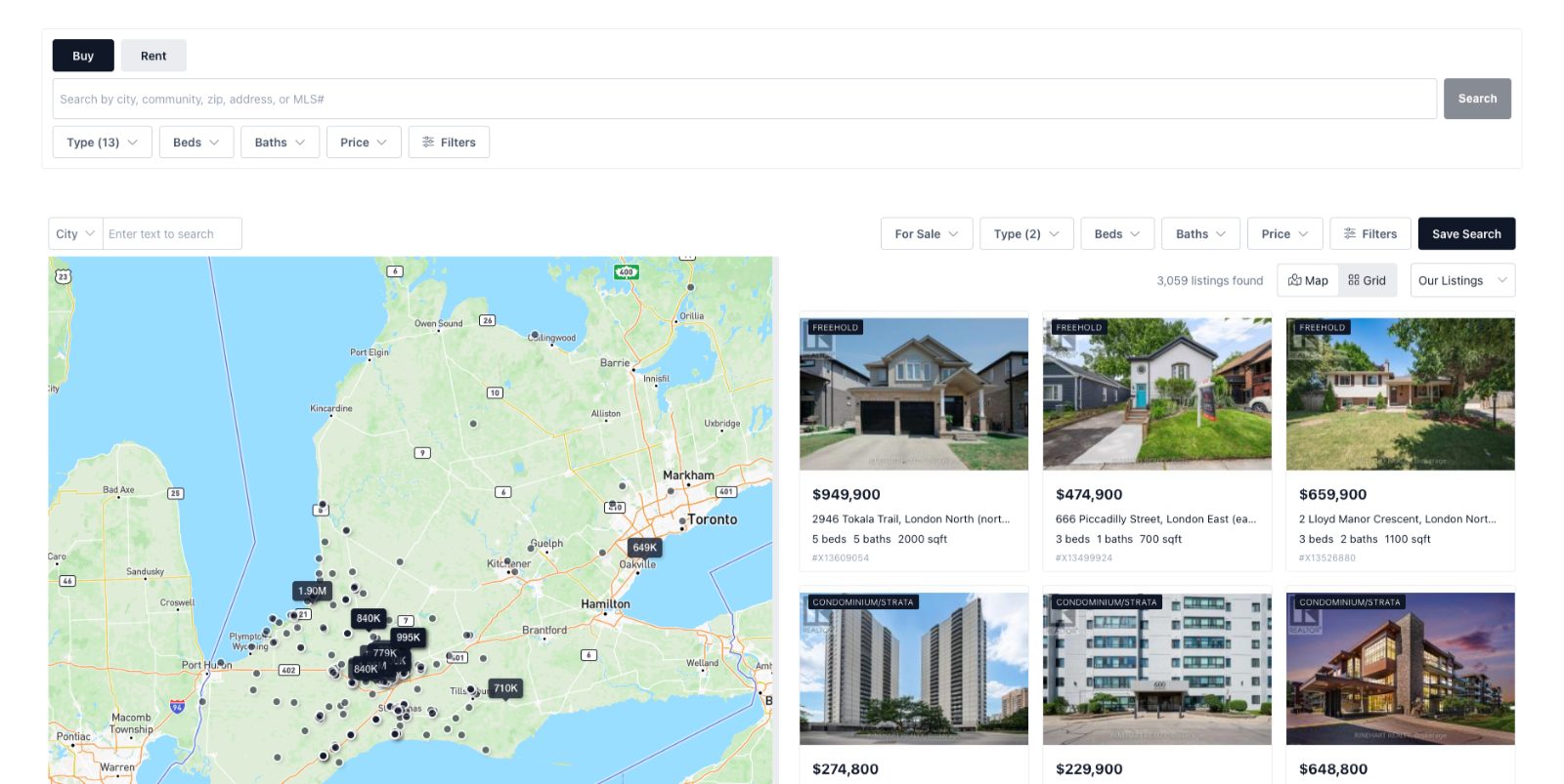 The same home search shown as a map with prices pinned on it beside a grid of listings